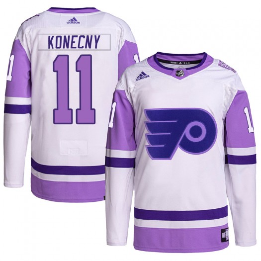 Travis Konecny Philadelphia Flyers Men's Adidas Authentic White/Purple Hockey Fights Cancer Primegreen Jersey
