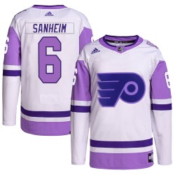 Travis Sanheim Philadelphia Flyers Men's Adidas Authentic White/Purple Hockey Fights Cancer Primegreen Jersey